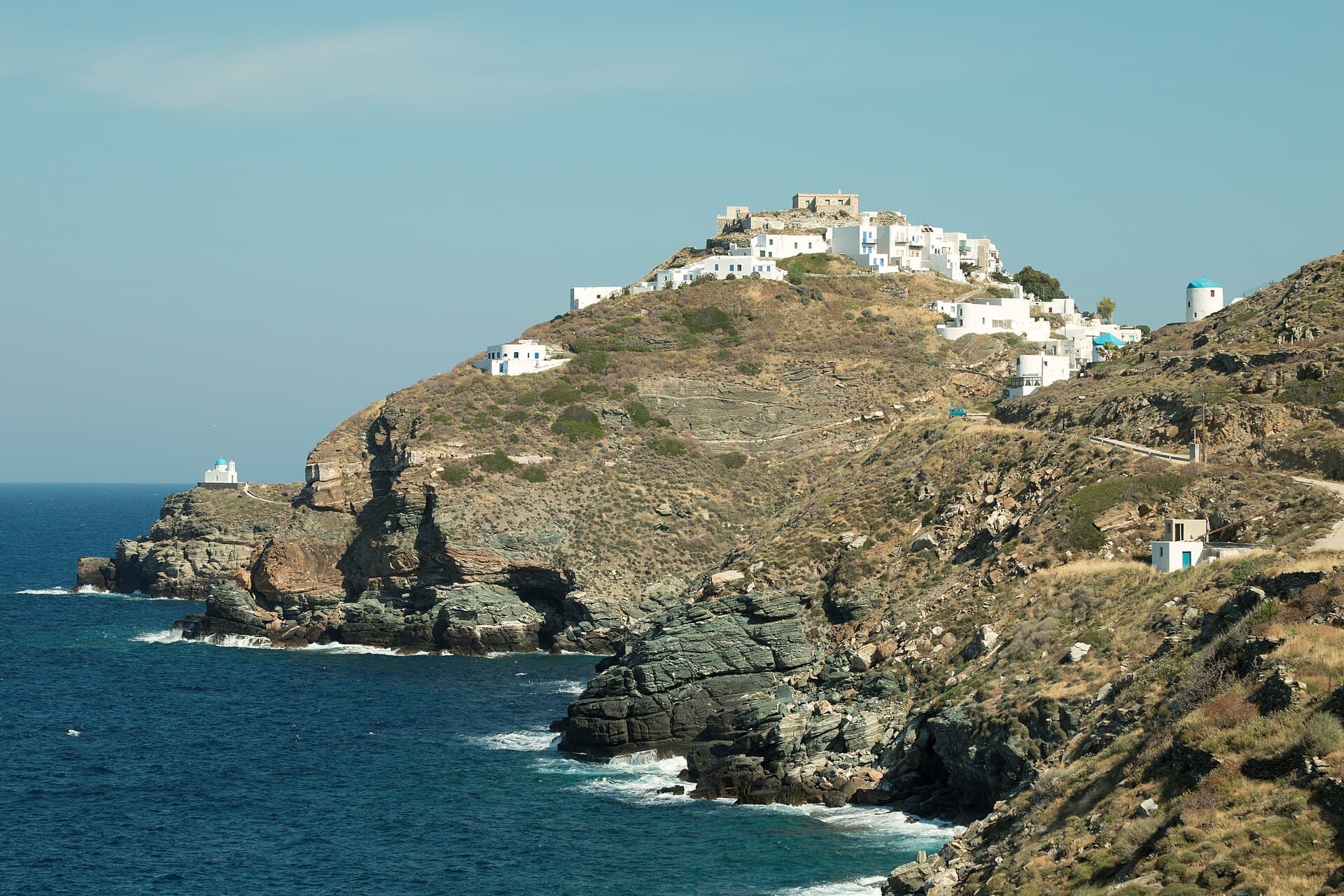 The village of Kástro on its headland above the sea, seen from the coast path.